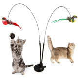 Cartoon Patterned Cat Toy Set with Polyester Artificial Feathers, Uncharged, No Battery, Interactive Cat Toy with Birds, Long Rod, Bell, And Strong Adhesive Base