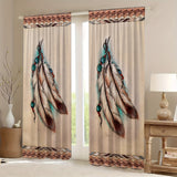 Set of 2 Vintage Feather Art Design Curtains - Native American Inspired Decorative Drapes for Living Room with Rod Pocket, Machine Washable, Fade Resistant, Brushed Fabric, Semi-Sheer Polyester Window Panels