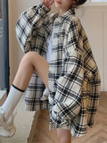 Women's Plus Size Plaid Shirt, Polyester Blend, Button-Down, Non-Stretch, Seasonal, Casual Top, Oversized, Korean Style, Checkered Pattern, Woven Fabric