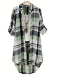 Long Sleeve Plaid Print Button Front Casual Shirt for Spring & Fall, Women's High-low Blouse