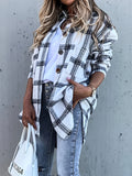 Stylish Plaid Chic Blouse - Elegant Lapel Collar, Functional Pocket Detail, Woven Striped Pattern, Long Sleeve, All-Season, Comfortable, and Versatile Women's Shirt for Daily Wear