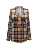 Elegant Plaid V-neck Tie-Front Blouse – Versatile, Breathable & Easy-Care Women's Top for Spring/Fall