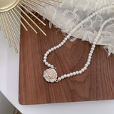 Elegant Camellia Flower Pendant Necklace with White Faux Pearls - Chic Resin Clavicle Chain for Women | Ideal for Daily Wear & Gifting, Flower Necklace