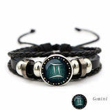 Luminous Twelve Constellation Artificial Gemstone Bracelet, Beaded Rope PU Leather 12 Constellation Woven Bracelet