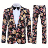 2-Piece Semi-Formal Floral Print Suit Set - Stylish Jacket and Matching Dress Pants for Dinner, Wedding, Party Occasions - Classic Fit, Comfortable, Versatile, and Elegant