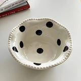 Chic Black & White Polka Dot Ceramic Bowl - 13.53oz, Wavy Edge Design for Oatmeal, Ice Cream | Microwave Safe, Perfect for Home Kitchens, Dessert Shops, and Dorm Decor, Ins Style, Dessert Bowl, Ceramic, Wavy Edge