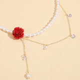 [Red Faux Pearl Cubic Zirconia] Elegant Red Rose Faux Pearl Necklace with Cubic Zirconia - Perfect Valentine's Gift for Girlfriend, Suitable for Parties and Daily Wear