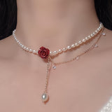 [Red Faux Pearl Cubic Zirconia] Elegant Red Rose Faux Pearl Necklace with Cubic Zirconia - Perfect Valentine's Gift for Girlfriend, Suitable for Parties and Daily Wear