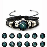 Luminous Twelve Constellation Artificial Gemstone Bracelet, Beaded Rope PU Leather 12 Constellation Woven Bracelet