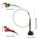Cartoon Patterned Cat Toy Set with Polyester Artificial Feathers, Uncharged, No Battery, Interactive Cat Toy with Birds, Long Rod, Bell, And Strong Adhesive Base