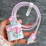 [TPU Tulip Case for iPhone Gift] 5pcs Set, 3D Tulip Flower Charger Case with Cable Holder, TPU Material, for iPhone, Ideal Gift for Girlfriend, No Battery Included