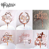 6Pcs Happy Birthday Cake Topper Rose Gold Acrylic Decorations For Kids Baby Shower Party Gift