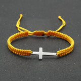 1pc Mens Hand Braided Stainless Steel Cross Patchwork Bracelet Anti-Allergy Acrylic Fibers Rope Bracelet