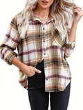 Plaid Button Front Pocket Shirt, Casual Long Sleeve Shirt For Spring & Fall, Women's Clothing