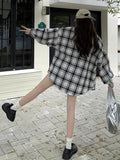 Women's Plus Size Plaid Shirt, Polyester Blend, Button-Down, Non-Stretch, Seasonal, Casual Top, Oversized, Korean Style, Checkered Pattern, Woven Fabric