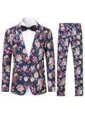 2-Piece Semi-Formal Floral Print Suit Set - Stylish Jacket and Matching Dress Pants for Dinner, Wedding, Party Occasions - Classic Fit, Comfortable, Versatile, and Elegant