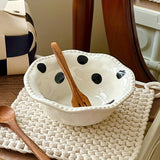 Chic Black & White Polka Dot Ceramic Bowl - 13.53oz, Wavy Edge Design for Oatmeal, Ice Cream | Microwave Safe, Perfect for Home Kitchens, Dessert Shops, and Dorm Decor, Ins Style, Dessert Bowl, Ceramic, Wavy Edge