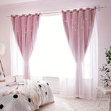 2Pcs Stars Cutout Blackout Curtains with Tulle Overlay 2 Layers Grommet Window Panels for Bedroom Living Room Decor Wall Home, Pink