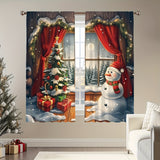 2PCS Christmas Vintage Wooden Cabin Cute Snowman Decorative Curtains, Rod Pocket Decorative Light-Filtering Kitchen Living Room Office Bedroom Home Decor Curtains