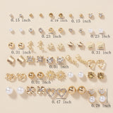 30 Pairs Alloy Full Rhinestones Love Round Faux Pearl Letter Stud Earrings Set