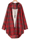 Plus Size Womens Casual Plaid Shirt - Lapel Collar, Dipped Hem, Non-Stretch Cotton, Semi-Sheer, Long Sleeve, Button Front, Woven, Perfect for All Seasons