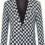 Stylish Tweed Blazer - Classic Checkerboard Pattern, One Button Closure, Flap Pocket, Lapel Design, Casual Sports Coat for Business, Banquet, Party, Dinner - Perfect for Men's Formal Occasions
