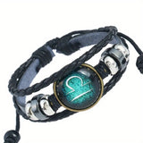 Luminous Twelve Constellation Artificial Gemstone Bracelet, Beaded Rope PU Leather 12 Constellation Woven Bracelet