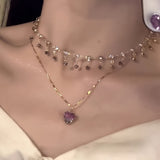 Elegant Double Layered Heart Pendant Necklace for Women, Other Material, Chic Clavicle Chain Jewelry, No Power Required