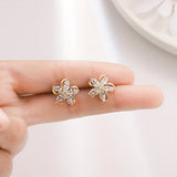 Exquisite Flower Design With Shiny zirconia Decor Stud Earrings Sexy Cute Style Copper 14K Gold Plated Jewelry Female Gift