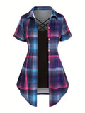 Two-piece Set, Plaid Print Button Front Shirt & Solid Slim Cami Top, Casual Summer Women's Clothing Outfits