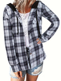 Stylish Plaid Print Hooded Blouse - Women's Casual Long Sleeve Button Front Shirt with Relaxed Fit - Perfect for Daily Wear