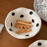 Chic Black & White Polka Dot Ceramic Bowl - 13.53oz, Wavy Edge Design for Oatmeal, Ice Cream | Microwave Safe, Perfect for Home Kitchens, Dessert Shops, and Dorm Decor, Ins Style, Dessert Bowl, Ceramic, Wavy Edge