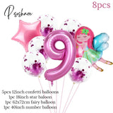 8Pcs Fairy Birthday Balloons Set Baby Girl 1 2 3 4 5 6 7 8 9 Years Old Number Decorations Fairy