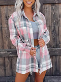 Plus Size Women's Long Sleeve Plaid Shirt - Casual Lapel Collar Button-Down Blouse with Non-Stretch Polyester Blend Fabric for All Seasons