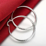 Silvery Big Textured Hoop Earrings Women's Jewelry Silver Plated Female Accessories 1Pair