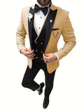 Formal 3 Pieces Set, Men's Suit Jacket & Double Breasted Vest & Pants Suit Set For Business Dinner Wedding Party