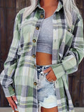 Women's Plus Size Plaid Long Sleeve Shirt, Elegant Polyester Blend, Non-Stretch, Button-Down Collar, Casual Versatile Top with Pockets, All-Season Fashion, Woven Fabric