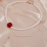 [Red Faux Pearl Cubic Zirconia] Elegant Red Rose Faux Pearl Necklace with Cubic Zirconia - Perfect Valentine's Gift for Girlfriend, Suitable for Parties and Daily Wear