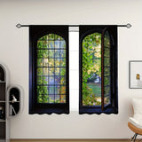 2 Pieces Industrial Wooden French Window with Landscape Glass Printing, Translucent Curtains, Green Plants Outside, for Living Room, Bedroom, Home Decoration, Sunscreen