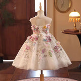 Floral Flower Girl Dress Lace Flowers Sleeveless Princess Toddler Kids Wedding 1st Birthday Pageant Party Gown J404A