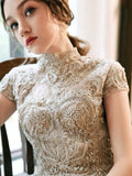 Luxury Evening Dresses Short Sleeves Lace Beaded Short Front Long Back Formal High Neck A-Line Wedding Celebrity Prom Gowns New