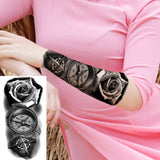 Black Rose Flower Cross Temporary Tattoos For Women Adults Wolf Lion Vampire Compass Pirate Ship Fake Tattoo Sticker Arm Tatoos