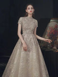 Luxury Lace Long Evening Dresses With Short Sleeves Beaded Elegant Formal High Neck A-Line Wedding Celebrity Prom Gowns New