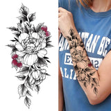 Realistic Fake Peony Temporary Tattoos For Women Girl Black Rose Elephant Flower Tattoo Sticker Tiger Anemone Tatoos Half Sleeve