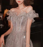 Elegant Gray Flowers Evening dress Off Shoulder Shiny Sequin Lace A-line Ruched Lace up Woman Formal Party Prom Gowns 2024 New