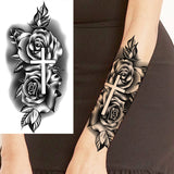 Black Rose Flower Cross Temporary Tattoos For Women Adults Wolf Lion Vampire Compass Pirate Ship Fake Tattoo Sticker Arm Tatoos