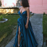 Elegant Turquoise V-Neck Satin Ruffles A-Line Prom Dress Hot Sale Spagetti Straps Long Evening Dress Plus Size Party Dress