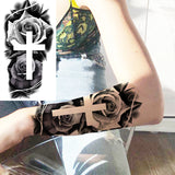 Black Rose Flower Cross Temporary Tattoos For Women Adults Wolf Lion Vampire Compass Pirate Ship Fake Tattoo Sticker Arm Tatoos