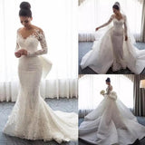 2 Pieces Luxury Wedding Dresses Detachable Train Long Sleeve Mermaid White Soft Satin Surface Bride Dress