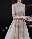 Luxury Champagne Lace Long Evening Dresses Half Sleeves Beaded Elegant Formal High Neck A-Line Wedding Celebrity Prom Gowns New